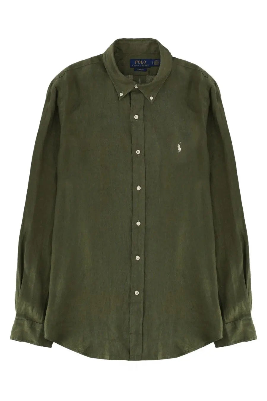 Polo Ralph Lauren men’s olive green button-down shirt with subtle texture white buttons and embroidered polo player logo