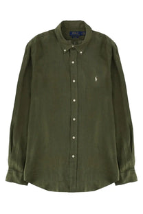 Polo Ralph Lauren men’s olive green button-down shirt with subtle texture white buttons and embroidered polo player logo