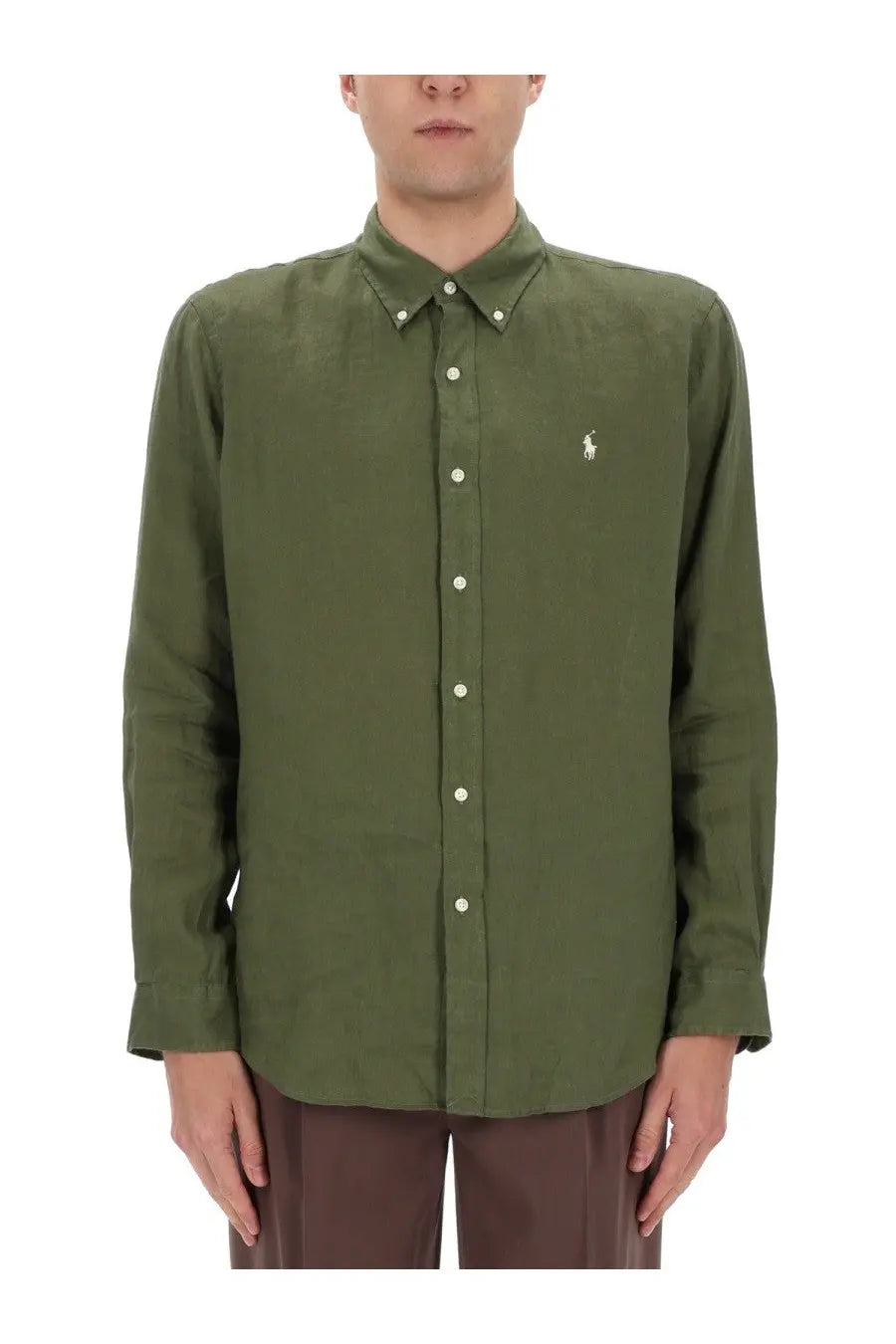 Polo Ralph Lauren men’s olive green button-down shirt with subtle textured fabric and white embroidered polo player logo
