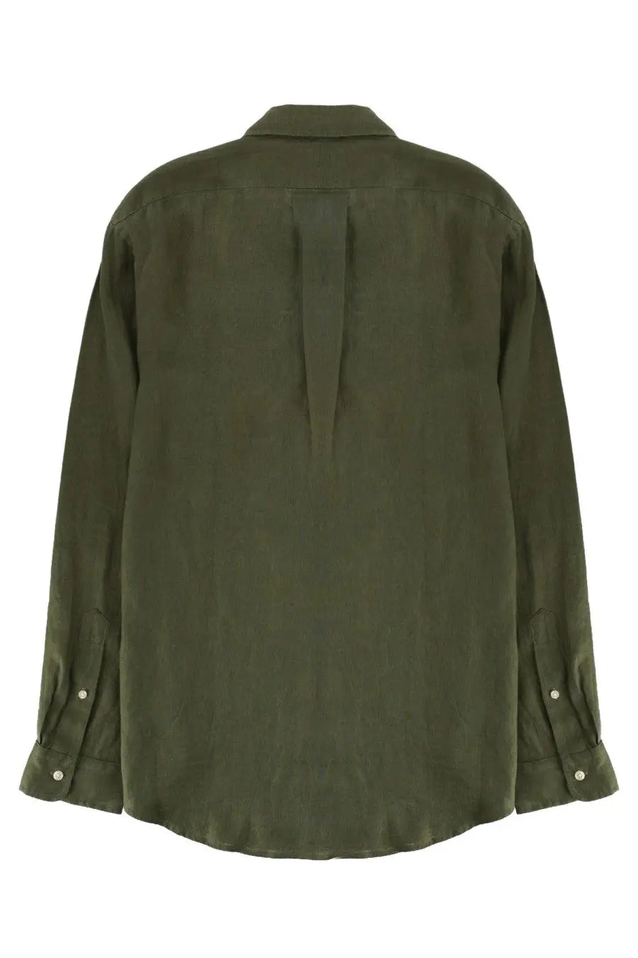 Olive green linen button-down polo ralph lauren men’s shirt shown from the back with central seam and rolled cuffs
