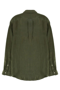Olive green linen button-down polo ralph lauren men’s shirt shown from the back with central seam and rolled cuffs
