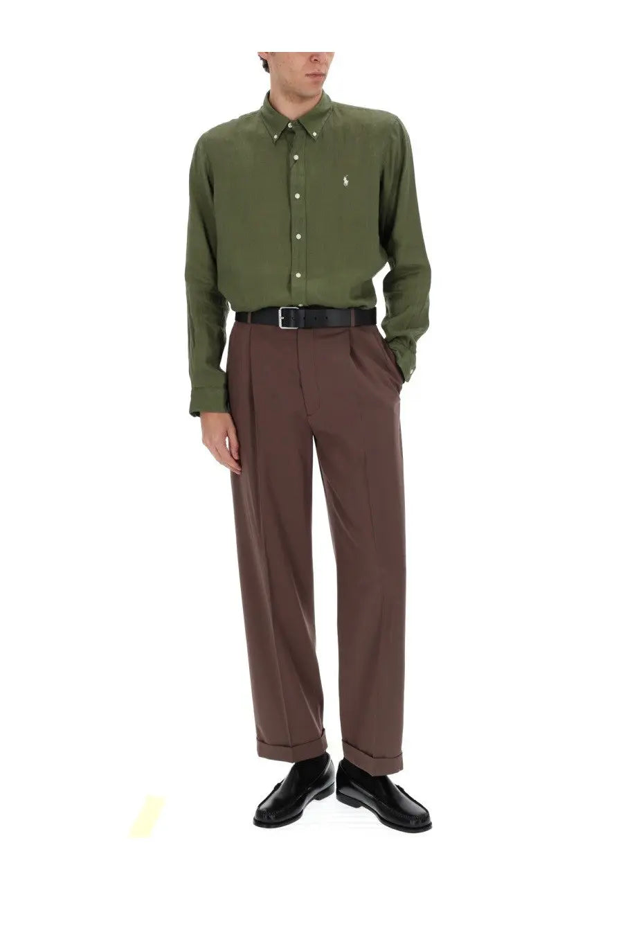 Olive green long-sleeved button-down polo ralph lauren shirt with small embroidered logo on left chest