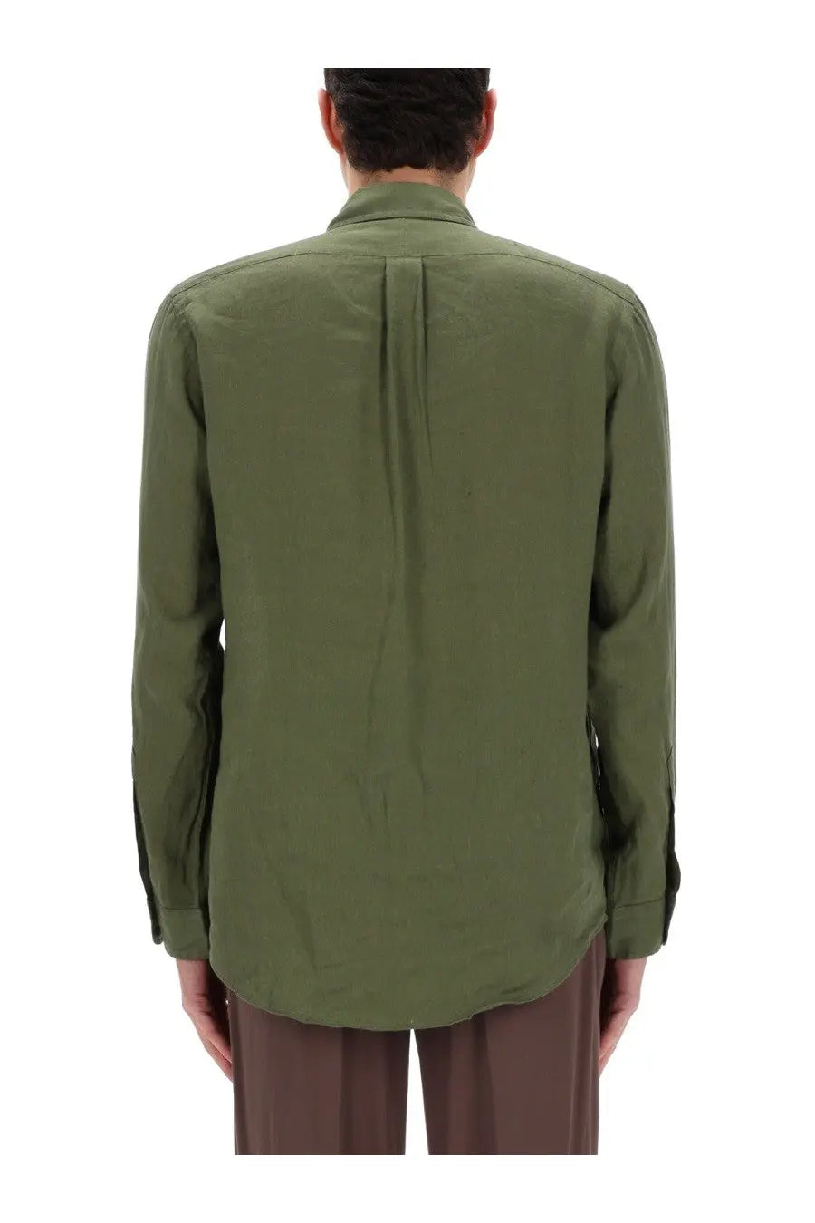 Polo ralph lauren men’s olive green long-sleeved cotton shirt with buttons and a subtle back pleat shown from the back