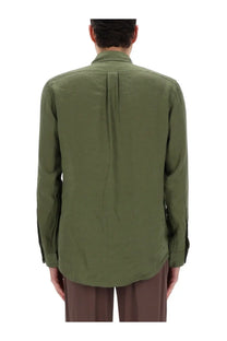 Polo ralph lauren men’s olive green long-sleeved cotton shirt with buttons and a subtle back pleat shown from the back