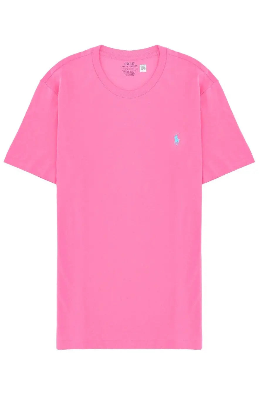 Bright pink Polo Ralph Lauren men’s short-sleeved shirt with small embroidered logo on left chest front