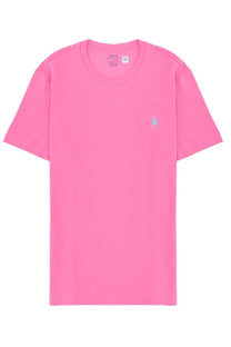 Bright pink Polo Ralph Lauren men’s short-sleeved shirt with small embroidered logo on left chest front