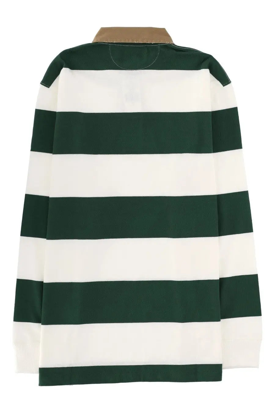 Polo ralph lauren men’s long-sleeved rugby shirt with deep green and white stripes and tan collar