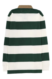 Polo ralph lauren men’s long-sleeved rugby shirt with deep green and white stripes and tan collar