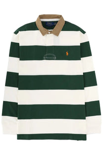 Polo ralph lauren men’s rugby green long-sleeved polo shirt with green and white stripes tan collar and orange horse logo