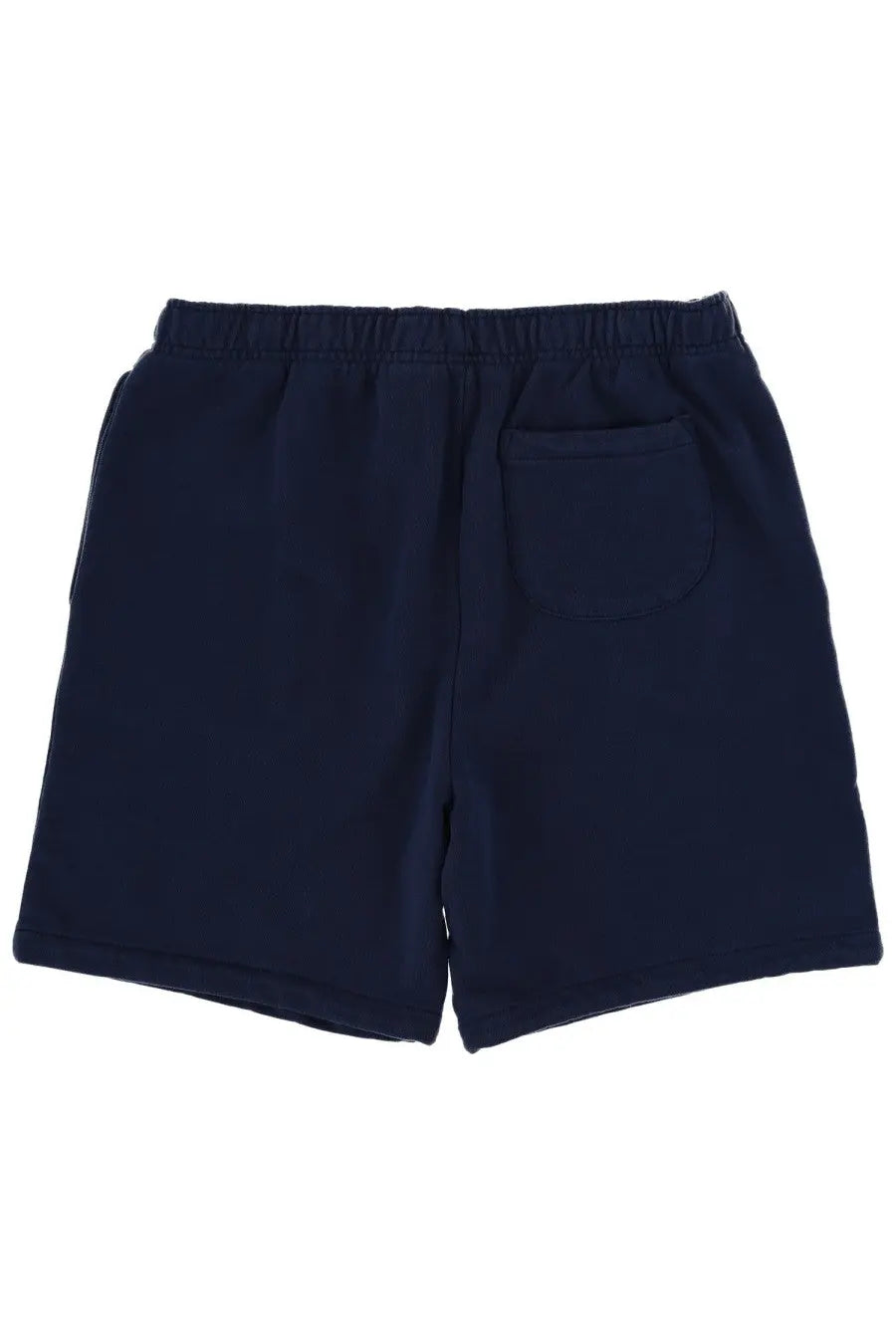Navy blue cotton Polo Ralph Lauren men’s shorts with elastic waistband and single back pocket shown from the back side
