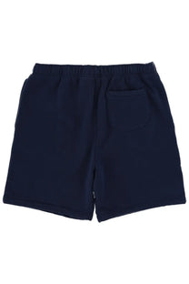 Navy blue cotton Polo Ralph Lauren men’s shorts with elastic waistband and single back pocket shown from the back side