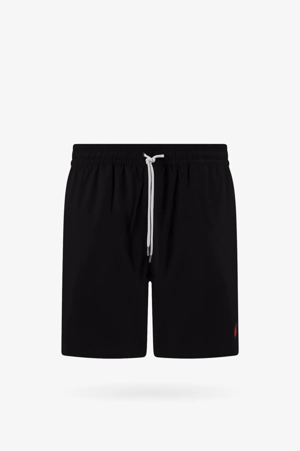 Polo ralph lauren men’s black stretch recycled polyester swim trunks with white drawstring and red logo on right leg