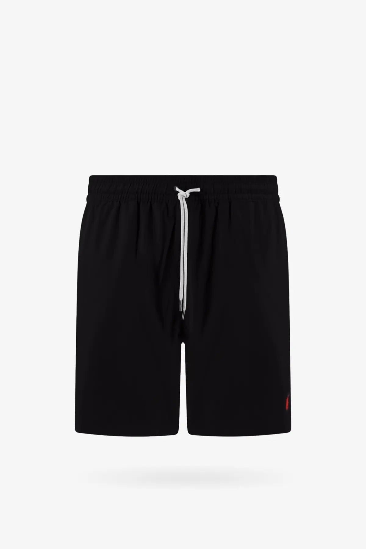 Polo ralph lauren men’s black stretch recycled polyester swim trunks with white drawstring and red logo on right leg