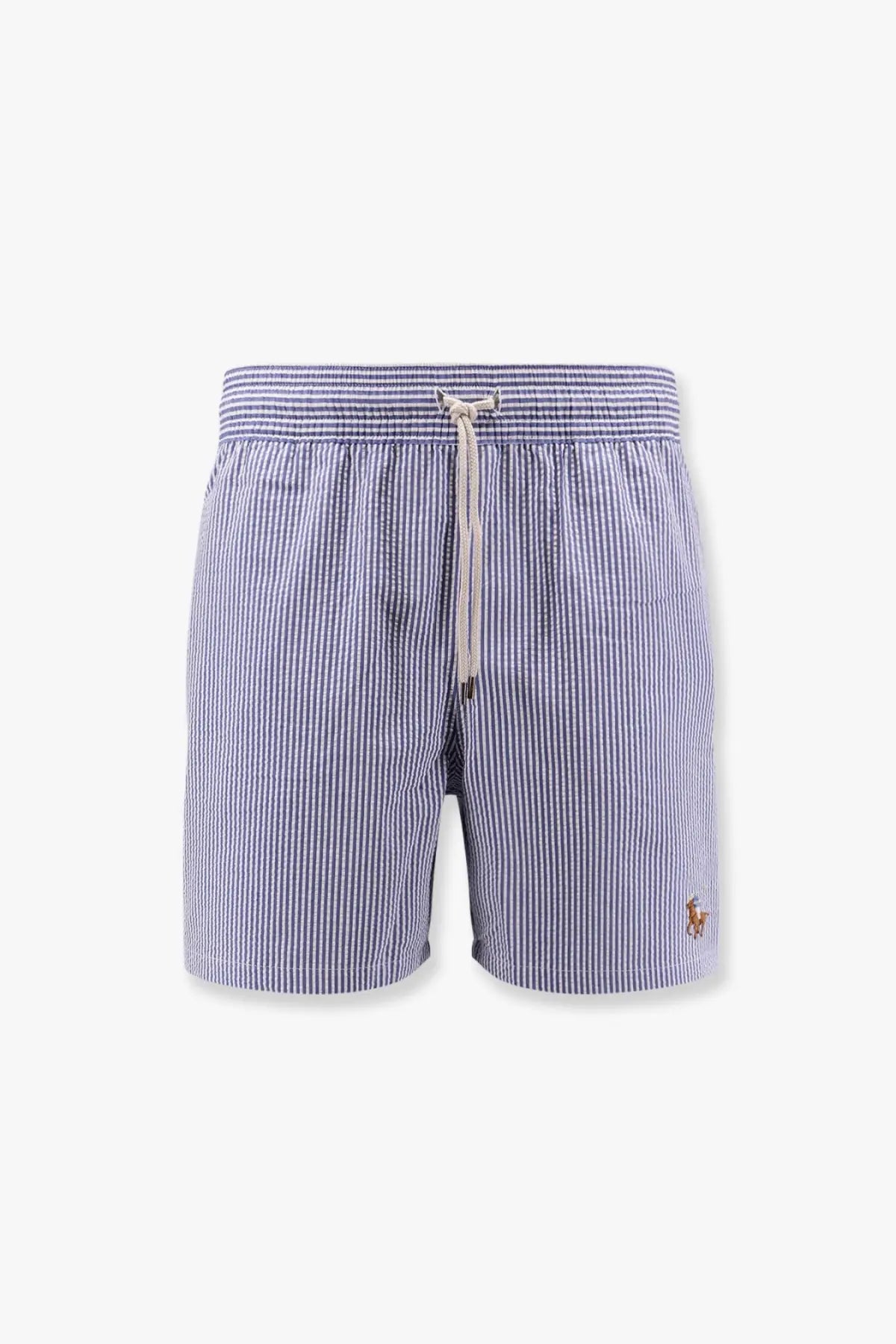 Polo ralph lauren men’s blue and white striped swim trunks with drawstring waistband and embroidered polo player logo