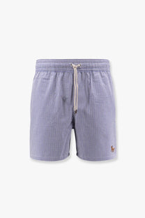 Polo ralph lauren men’s blue and white striped swim trunks with drawstring waistband and embroidered polo player logo