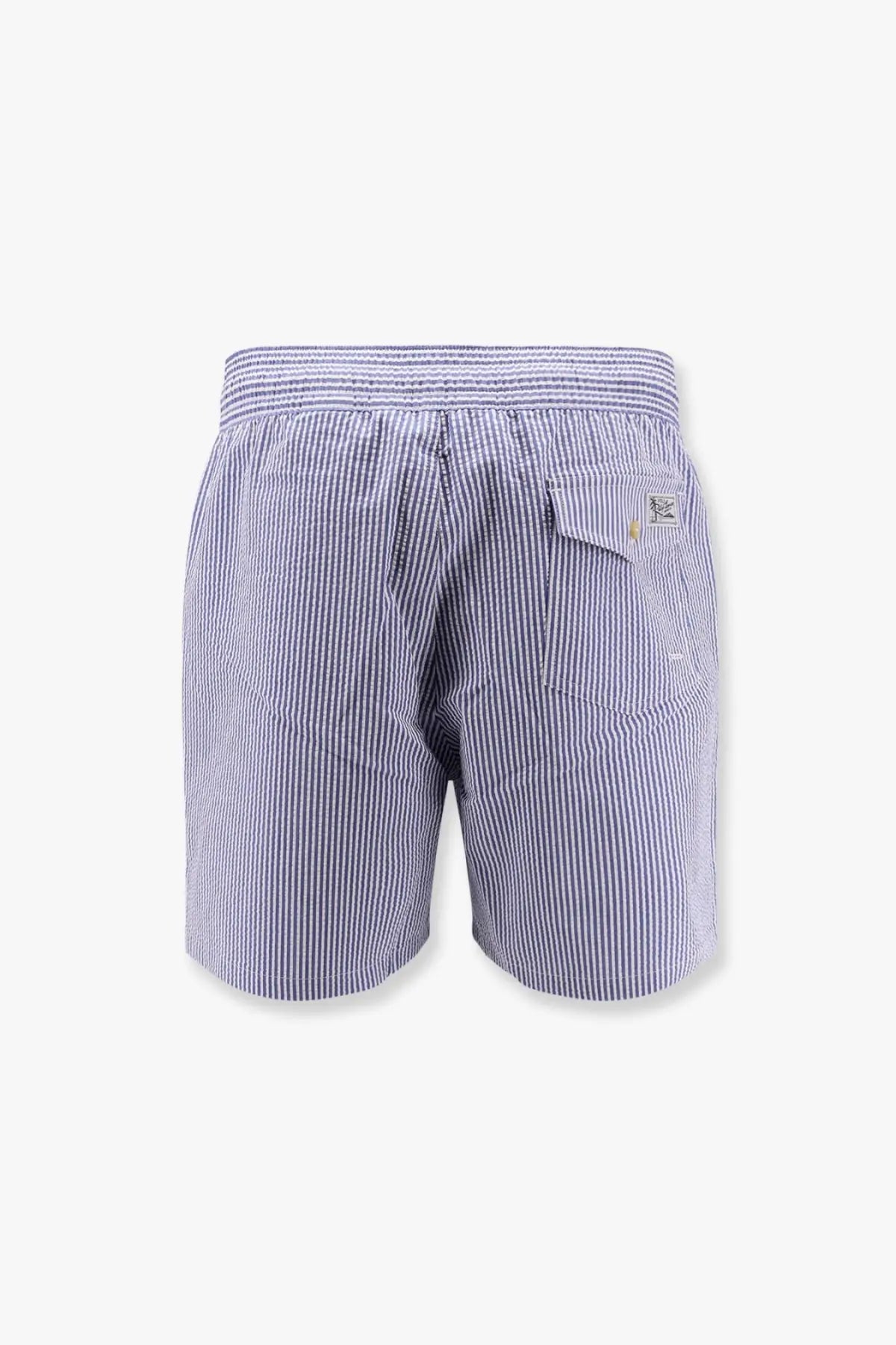Polo ralph lauren men’s swim trunks blue with blue and white stripes and a textured waistband for swimming