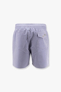 Polo ralph lauren men’s swim trunks blue with blue and white stripes and a textured waistband for swimming