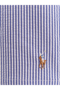 Blue and white striped cotton shirt with embroidered polo player logo shown with Polo Ralph Lauren men’s swim trunks blue