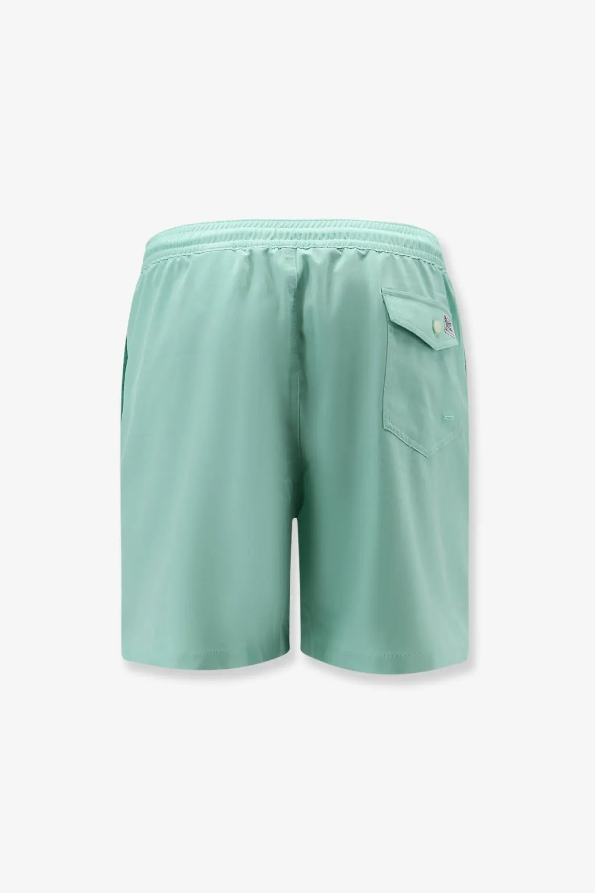 Polo ralph lauren men’s light green swim trunks with subtle texture and back pocket shown from the back side