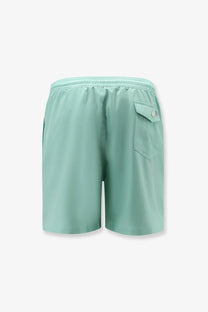 Polo ralph lauren men’s light green swim trunks with subtle texture and back pocket shown from the back side