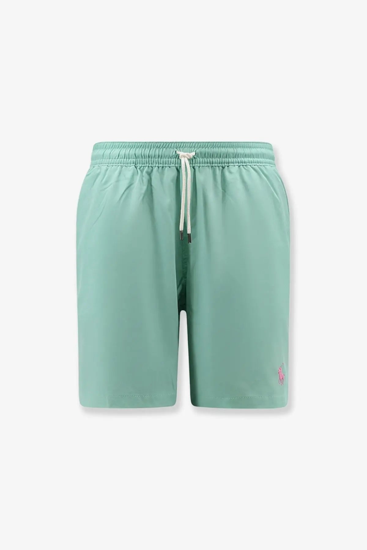 Polo Ralph Lauren men’s swim trunks in light green with white drawstring and pink logo on lower right leg