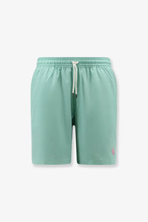 Polo Ralph Lauren men’s swim trunks in light green with white drawstring and pink logo on lower right leg