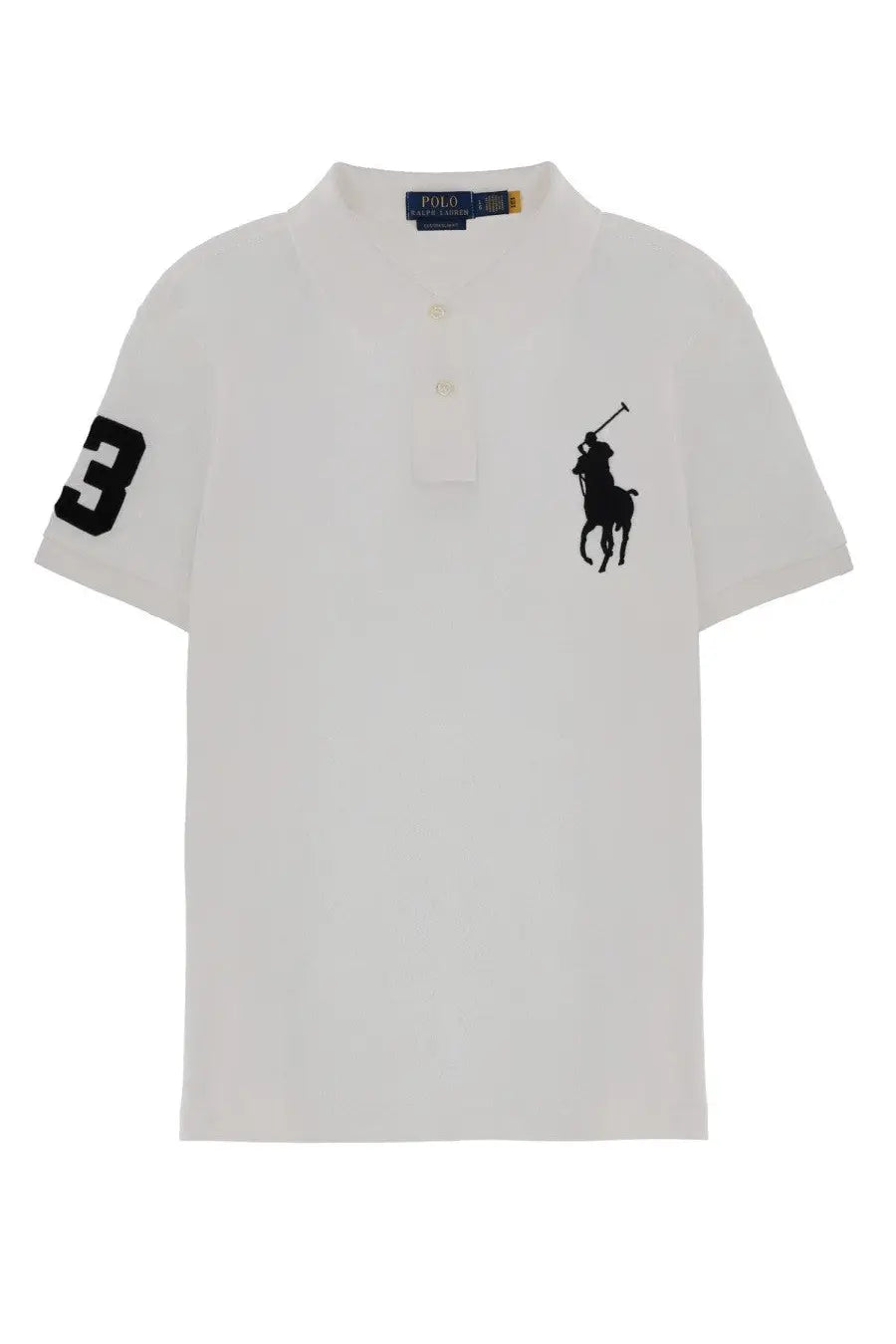 Polo Ralph Lauren men’s white polo shirt with black embroidered logo and number 3 on the sleeve
