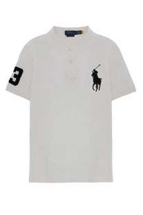 Polo Ralph Lauren men’s white polo shirt with black embroidered logo and number 3 on the sleeve
