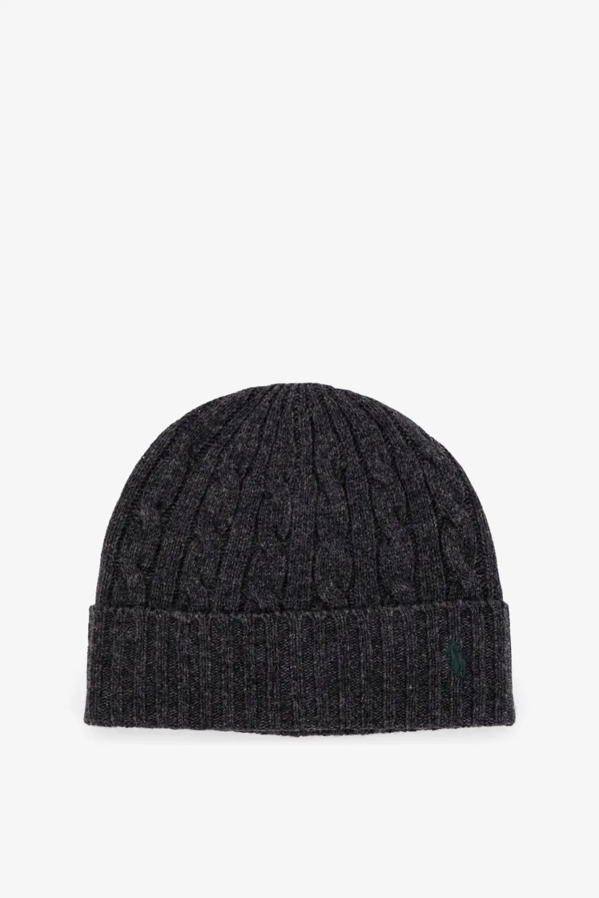 Dark gray cable knit wool blend beanie with folded cuff and green embroidered logo on the side by polo ralph lauren
