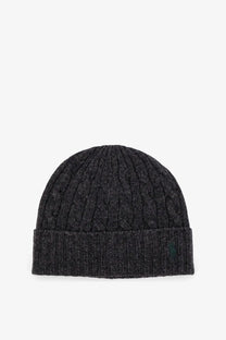 Dark gray cable knit wool blend beanie with folded cuff and green embroidered logo on the side by polo ralph lauren