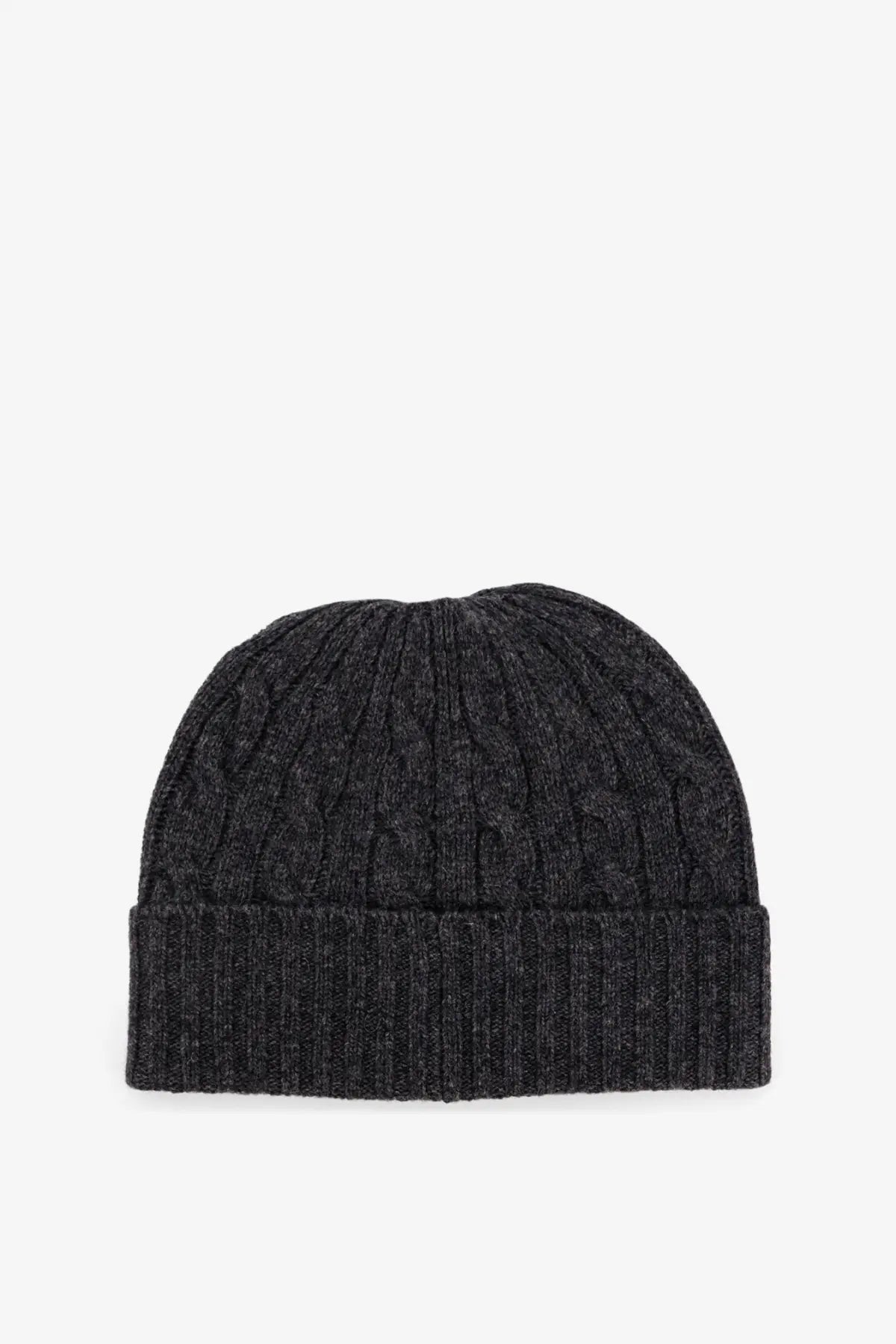 Dark gray wool blend cable knit beanie with ribbed brim by polo ralph lauren for men