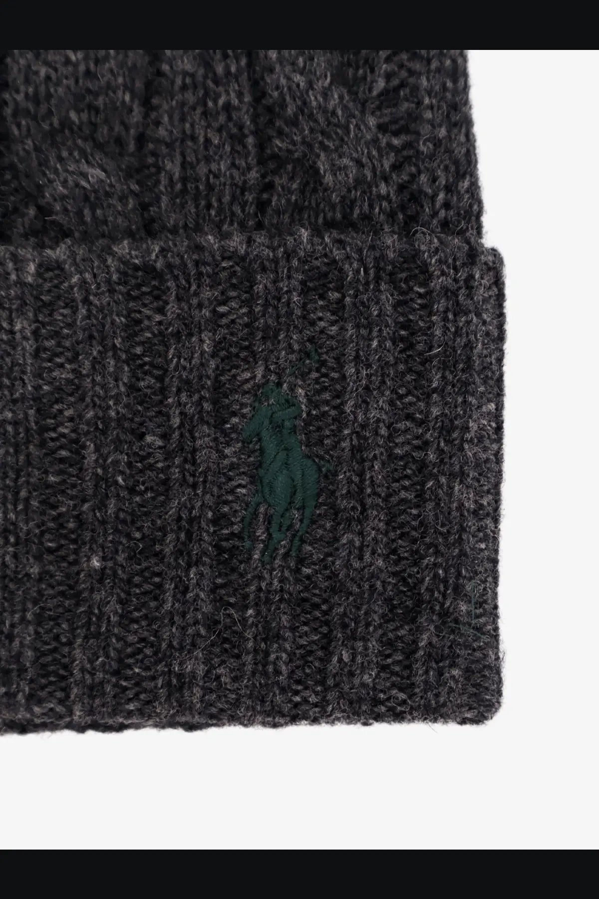 Dark gray wool blend cable knit beanie hat with green embroidered polo ralph lauren logo on folded cuff