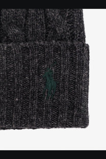 Dark gray wool blend cable knit beanie hat with green embroidered polo ralph lauren logo on folded cuff