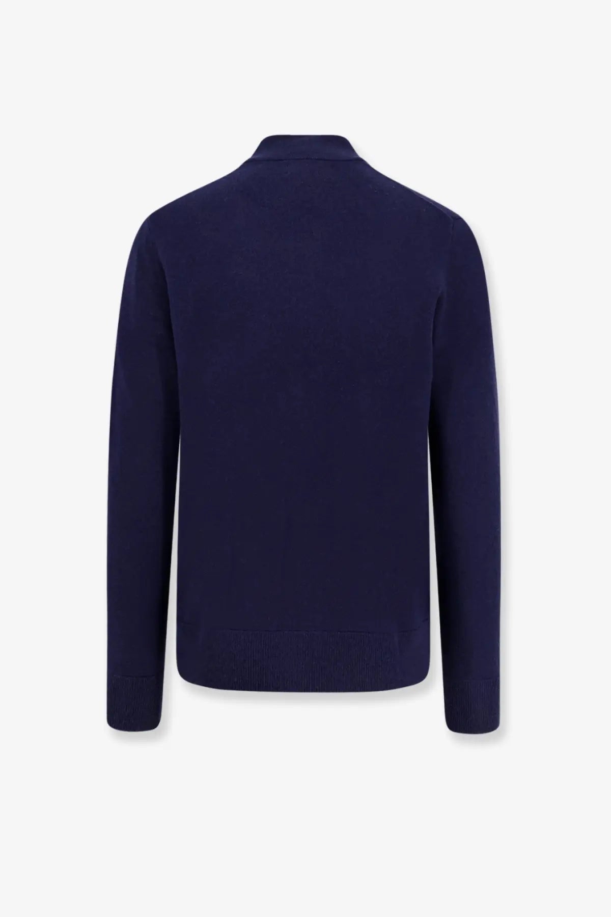 Navy blue wool knit cardigan by Polo Ralph Lauren with ribbed collar cuffs and hem for men