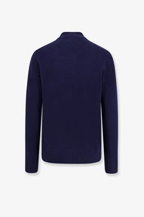 Navy blue wool knit cardigan by Polo Ralph Lauren with ribbed collar cuffs and hem for men