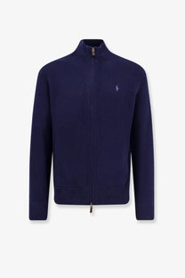 Polo Ralph Lauren men’s navy blue wool cardigan with zip-up front and embroidered polo player logo on left chest