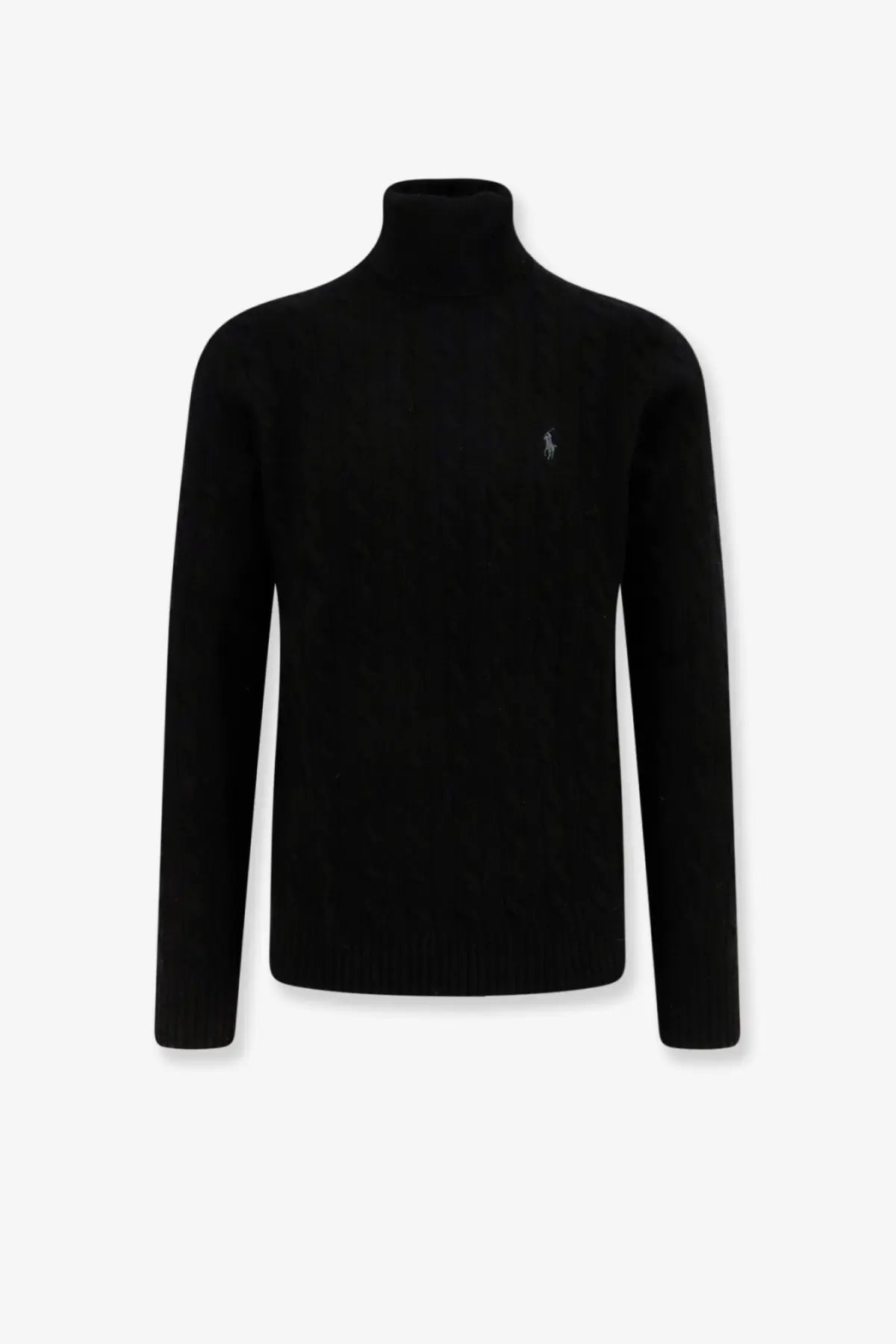 Black Polo Ralph Lauren men’s wool and cashmere turtleneck sweater with subtle embroidered logo on the chest