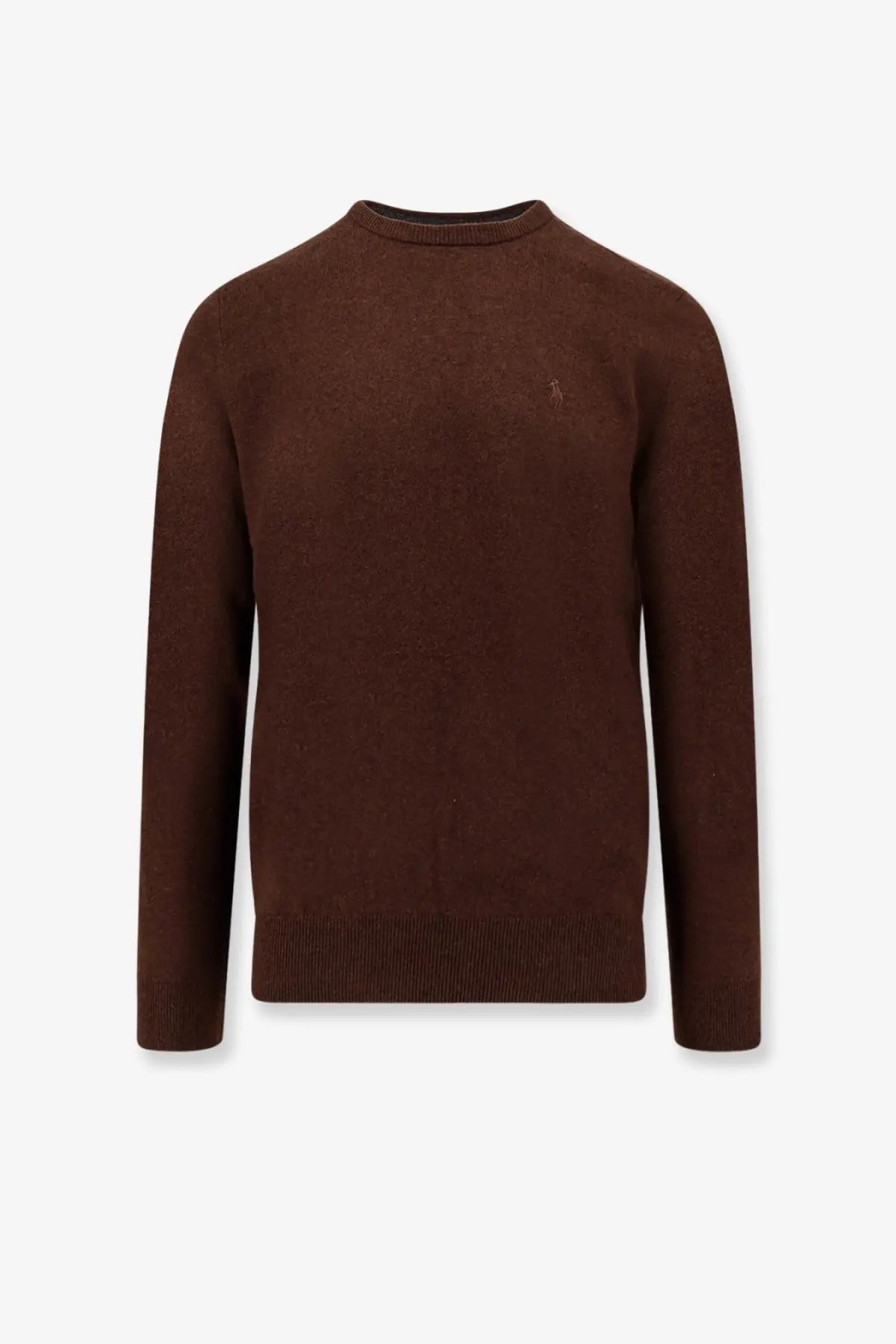 Polo Ralph Lauren men’s wool sweater in rich brown with a finely knitted crewneck and subtle embroidered logo on chest