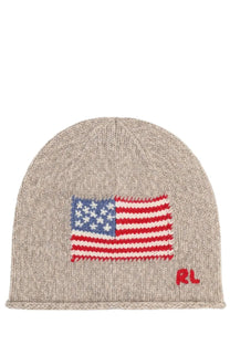 Beige knitted Polo Ralph Lauren unisex berretto in maglia brown beanie with american flag patch and red rl logo on side
