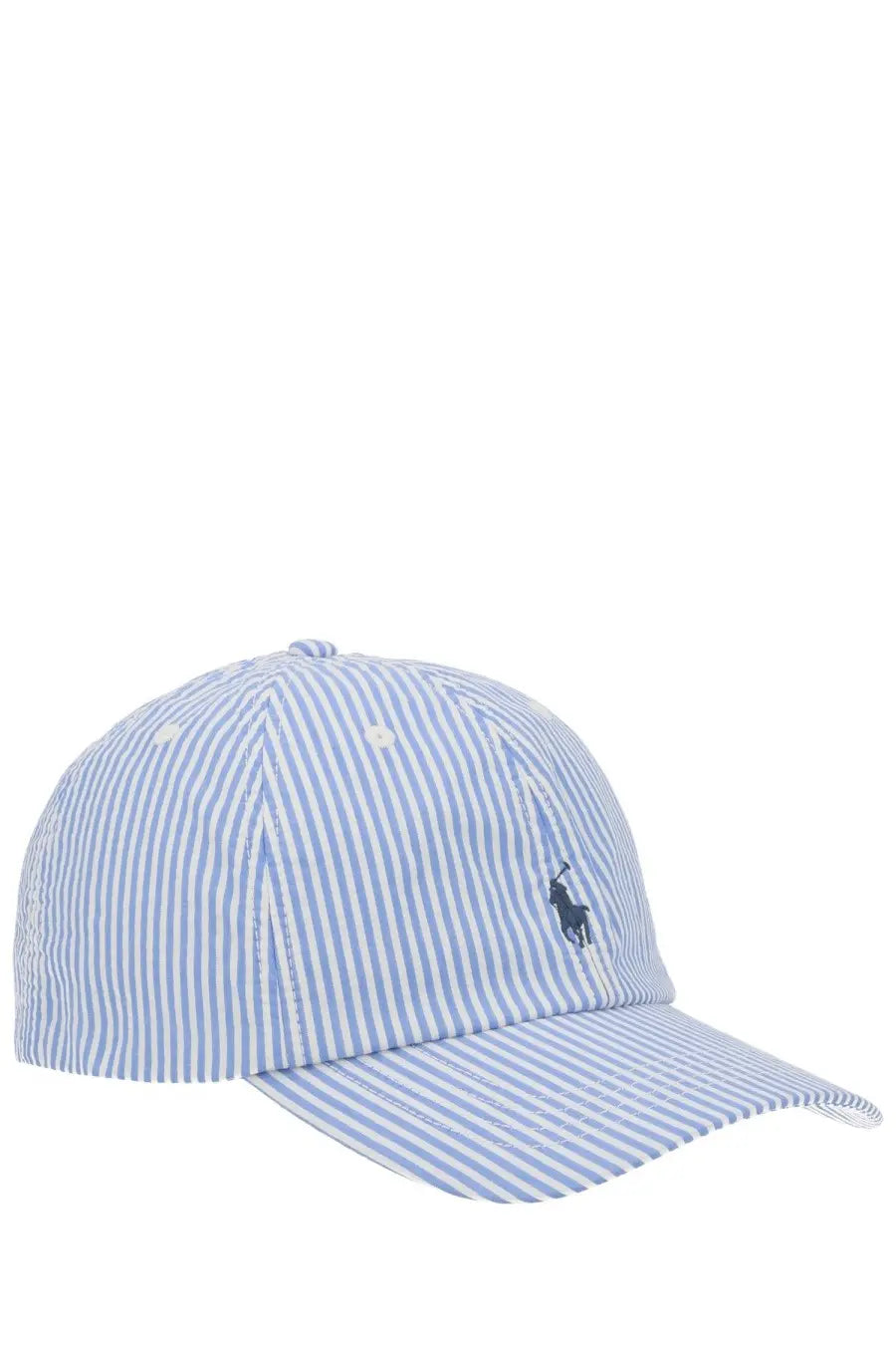 Polo Ralph Lauren unisex baseball cap with light blue and white stripes and navy embroidered logo on the front