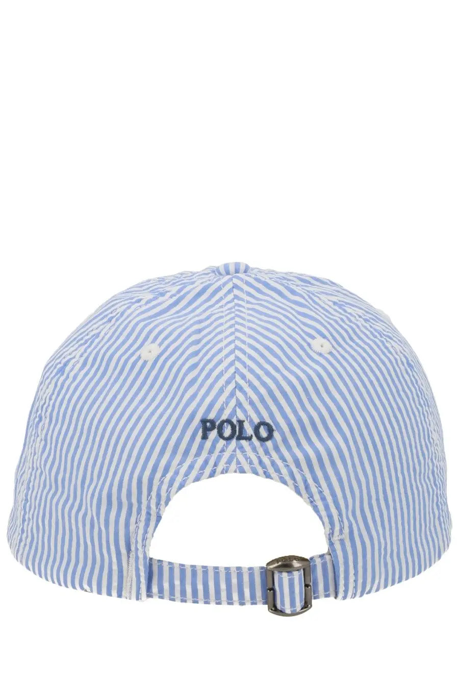 Light blue and white striped cotton baseball cap with silver buckle closure by polo ralph lauren unisex style