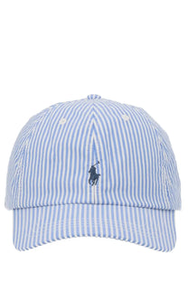 Light blue and white striped cotton baseball cap with dark navy embroidered polo ralph lauren logo front unisex