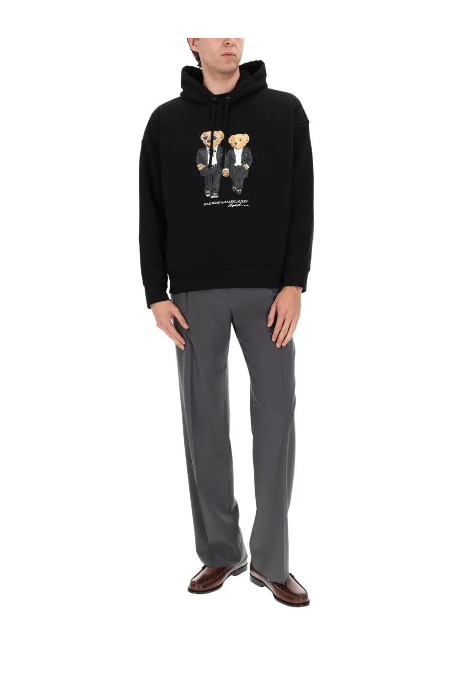 Black hooded sweatshirt featuring graphic of two bears in tuxedos on front by Polo Ralph Lauren unisex felpa