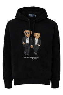Black hooded sweatshirt featuring two tuxedo bear graphics in black suits from polo ralph lauren unisex felpa