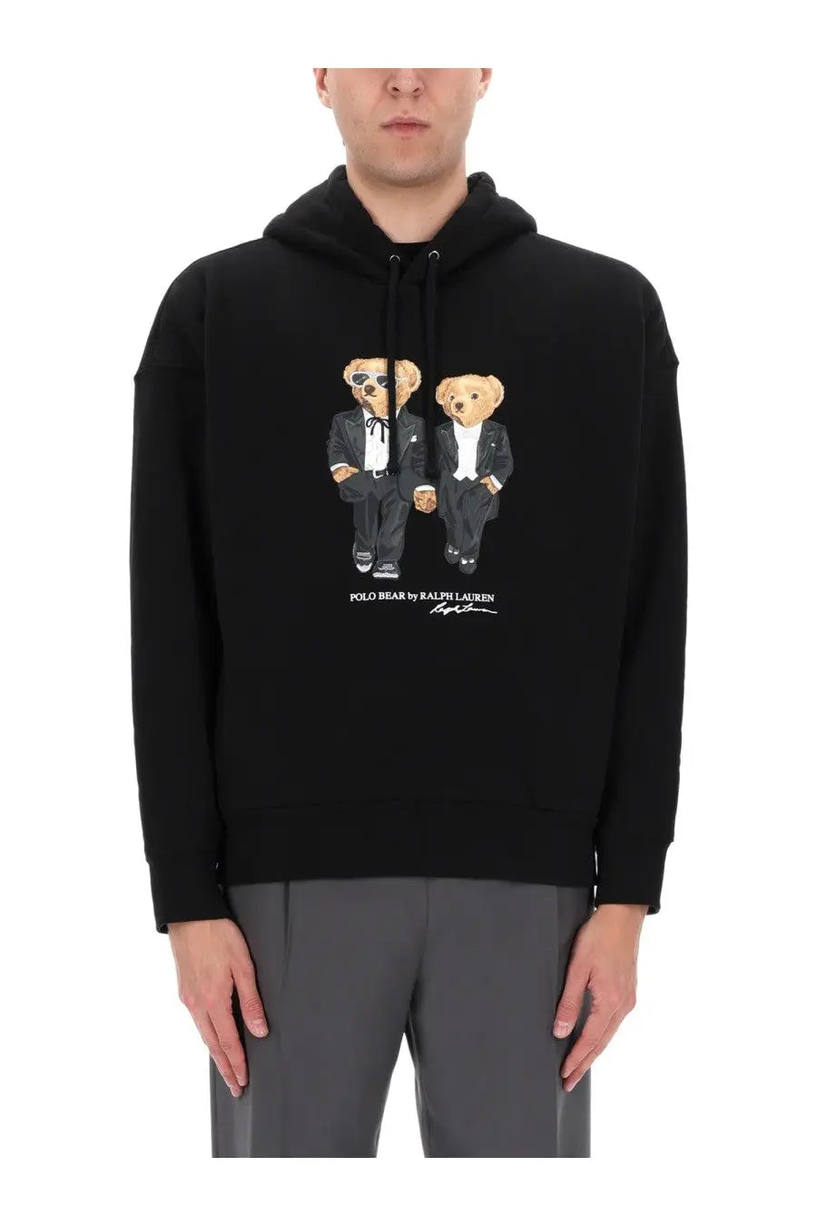 Black hooded sweatshirt featuring a printed graphic of two teddy bears in tuxedos by Polo Ralph Lauren