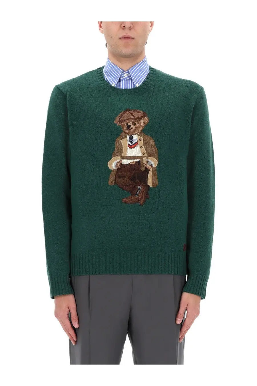 Dark green knit sweater by polo ralph lauren featuring an embroidered teddy bear in a vintage suit and hat