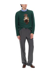 Dark green ralph lauren unisex sweater with detailed embroidered polo bear in a suit on front