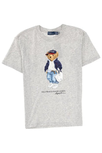 Heather gray polo ralph lauren women’s short-sleeved t-shirt with classic navy white and tan polo bear graphic