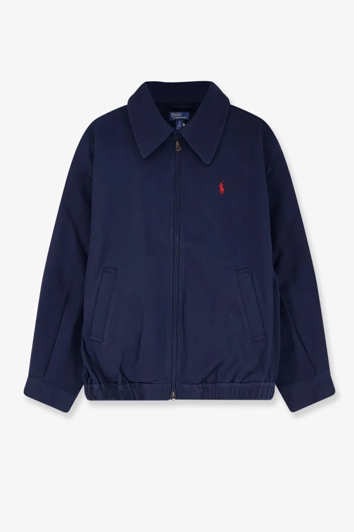 Navy blue Polo Ralph Lauren women’s denim jacket with red embroidered polo player logo and two front pockets
