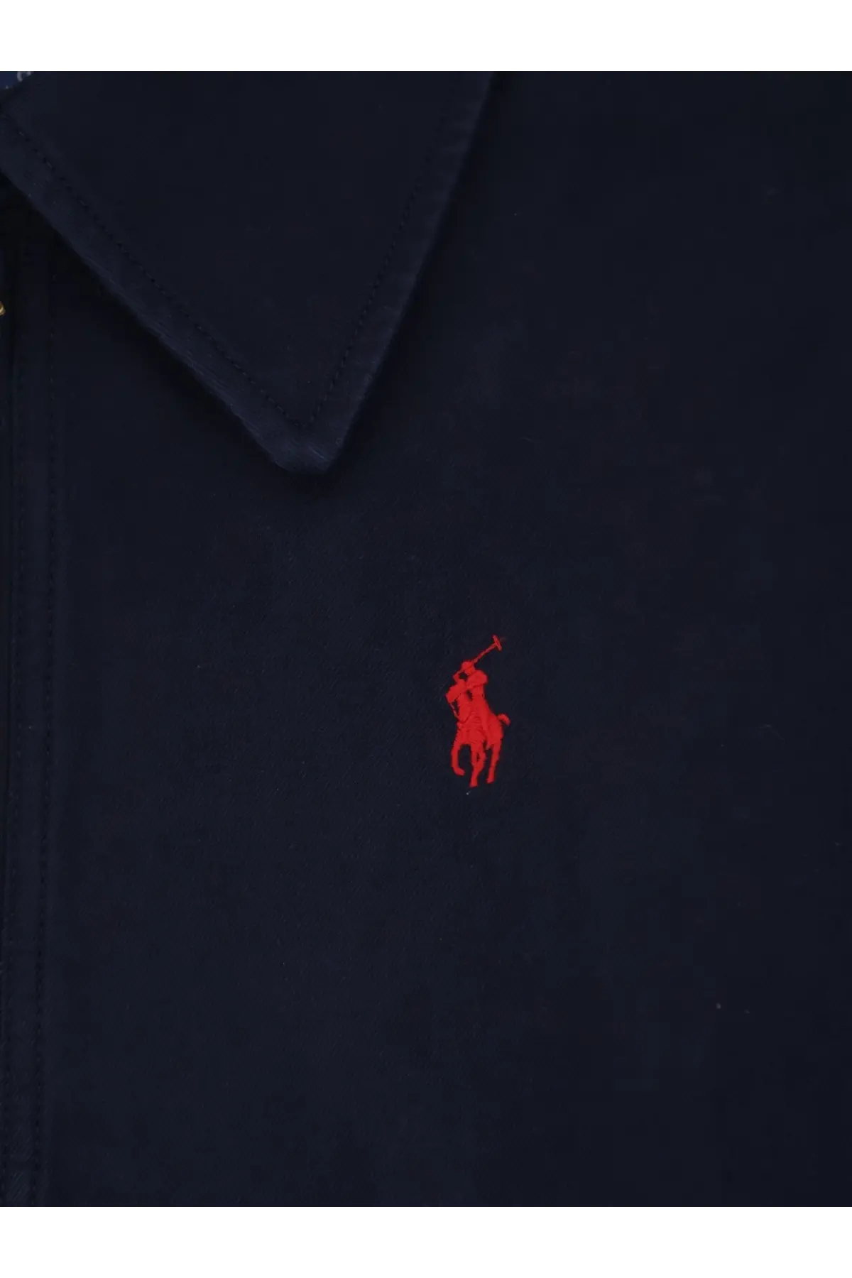 Navy blue polo shirt with a red embroidered Ralph Lauren logo on the chest for women